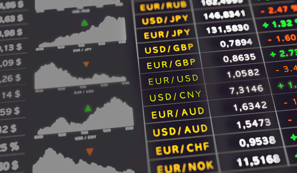 a picture of a trading platform screen with multiple currency pairs and market data.